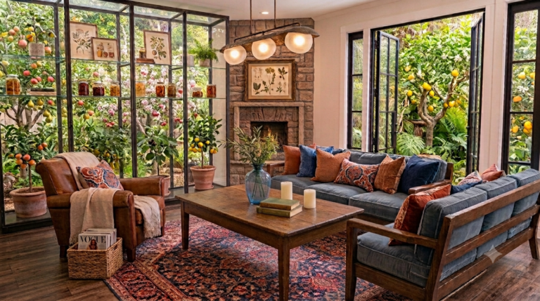 Salon chaleureux d'une maison méditerranéenne avec décoration intérieure authentique, lumière naturelle et ambiance apaisante.