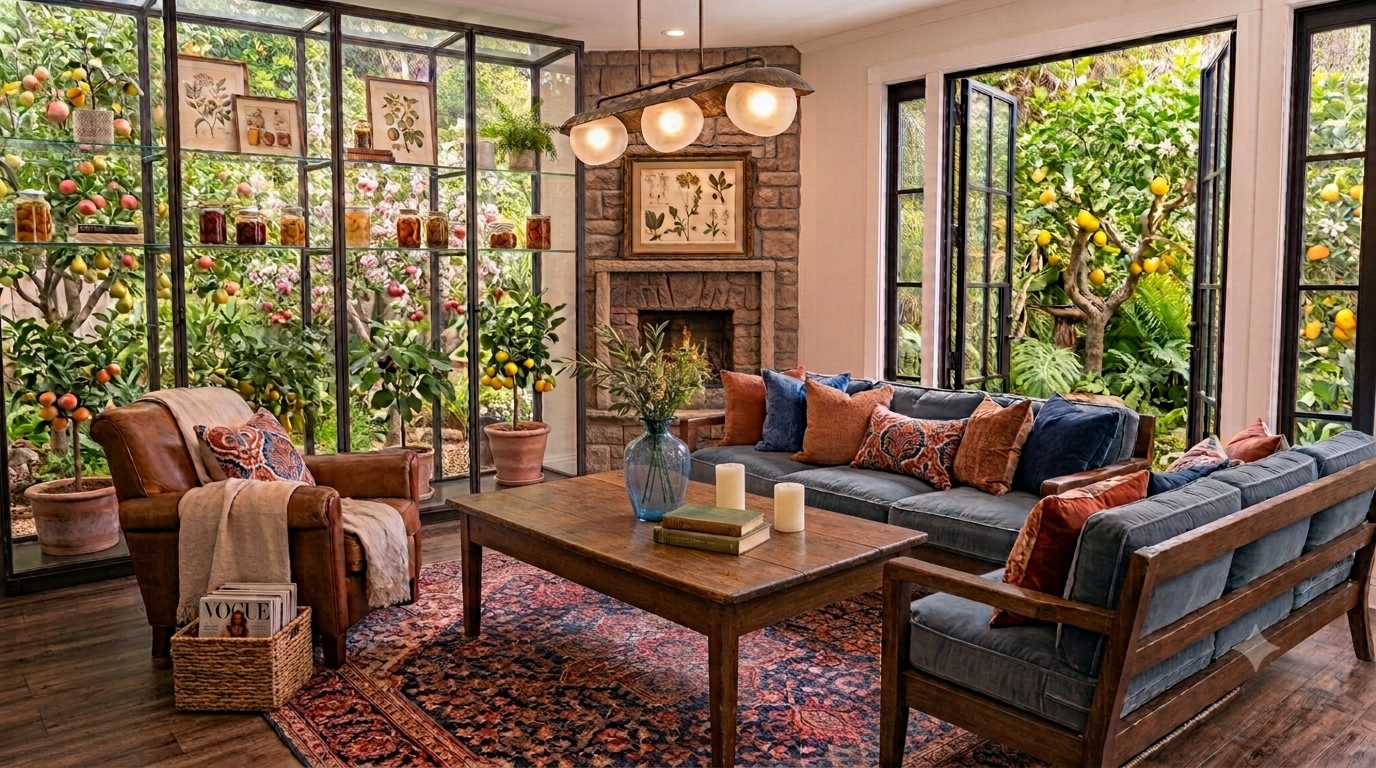 Salon chaleureux d'une maison méditerranéenne avec décoration intérieure authentique, lumière naturelle et ambiance apaisante.