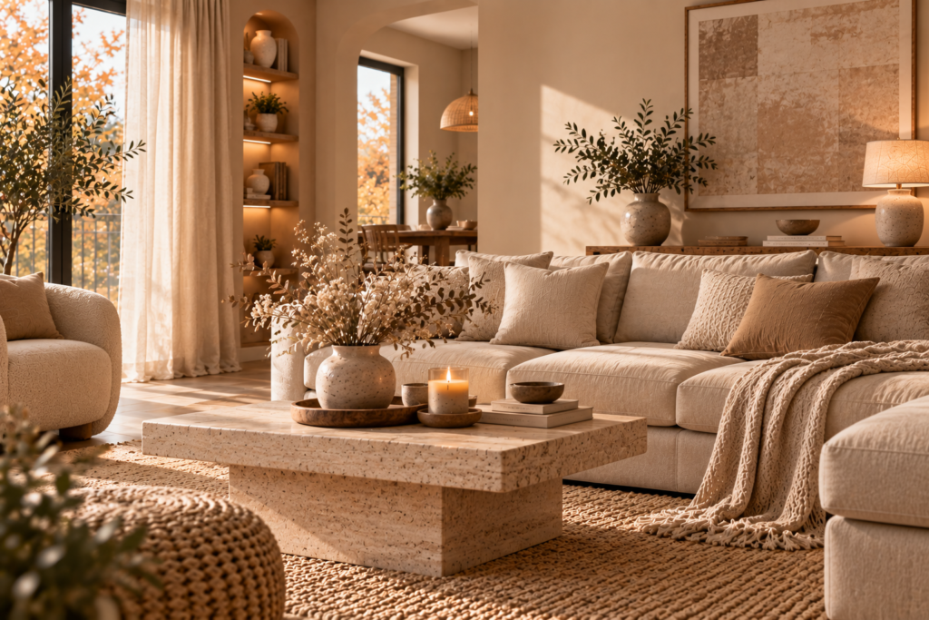 Salon chaleureux en beige minéral avec pierre naturelle, bois et textiles aux tons crème, tendance automne 2027