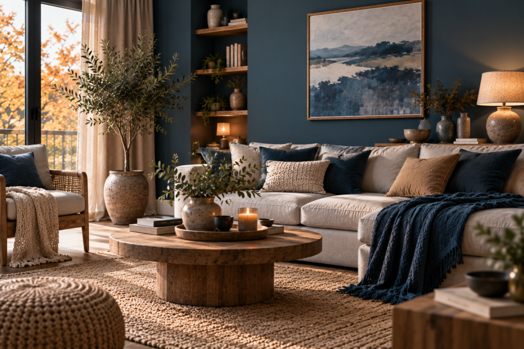 Salon chaleureux avec bleu minéral, bois naturel et textiles beiges, inspiration décoration automne 2027