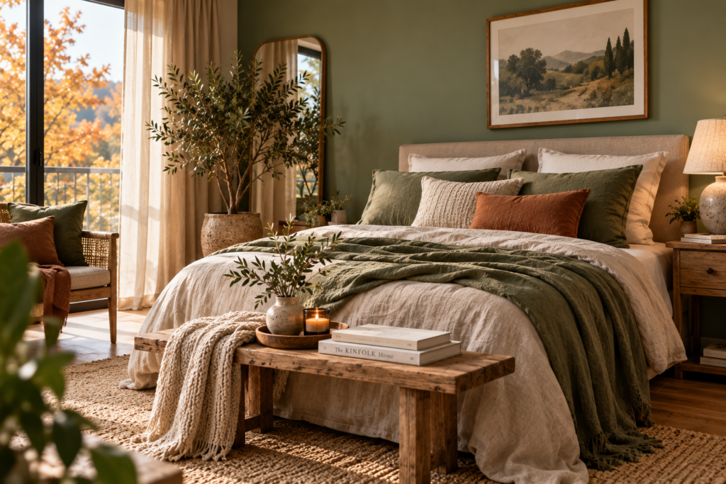 Chambre apaisante avec vert sauge, matières naturelles et touches terracotta, tendance automne 2027