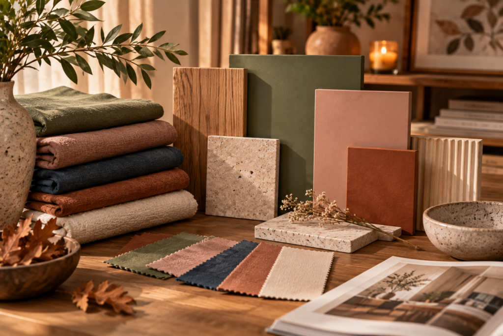 Échantillons de couleurs, matières naturelles et textiles pour choisir une ambiance déco automnale