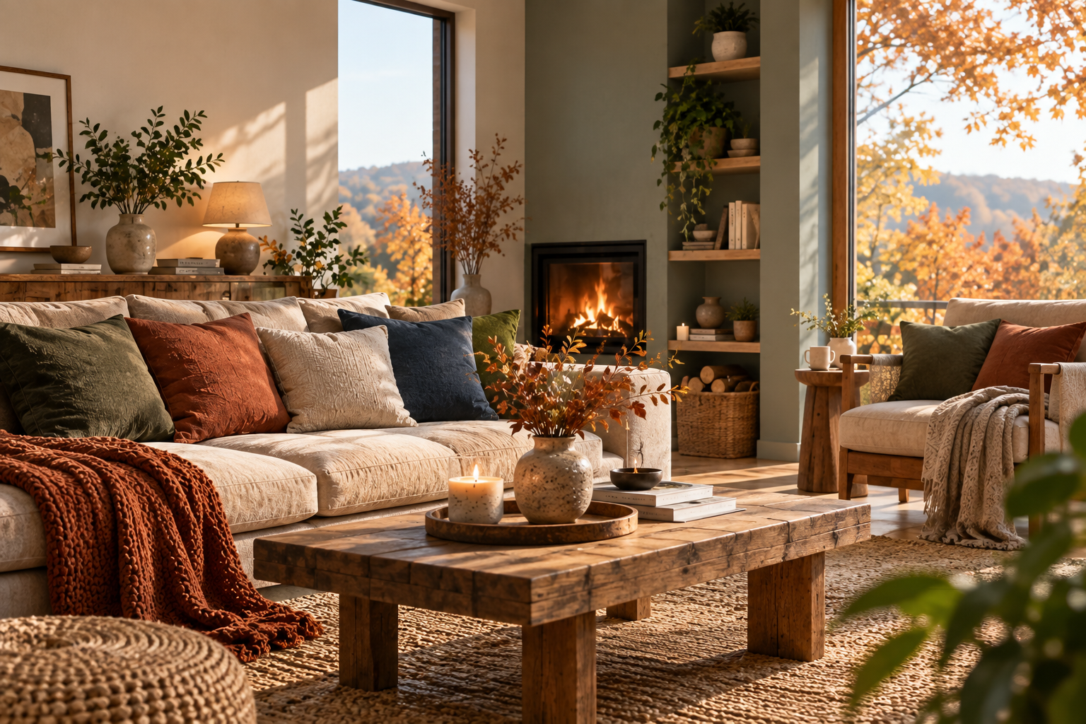 Salon chaleureux aux couleurs tendance de l’automne 2027, avec vert sauge, terracotta, bleu minéral et matières naturelles