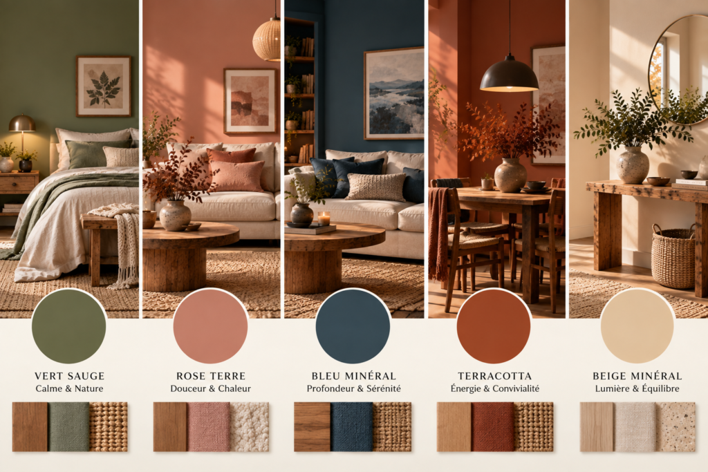 Guide visuel des couleurs tendance automne 2027 avec vert sauge, rose terre, bleu minéral, terracotta et beige minéral