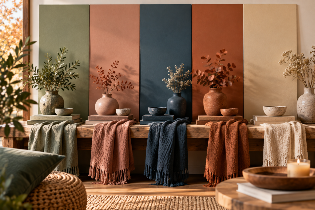 Palette de décoration automne 2027 avec vert sauge, rose terre, bleu minéral, terracotta et beige