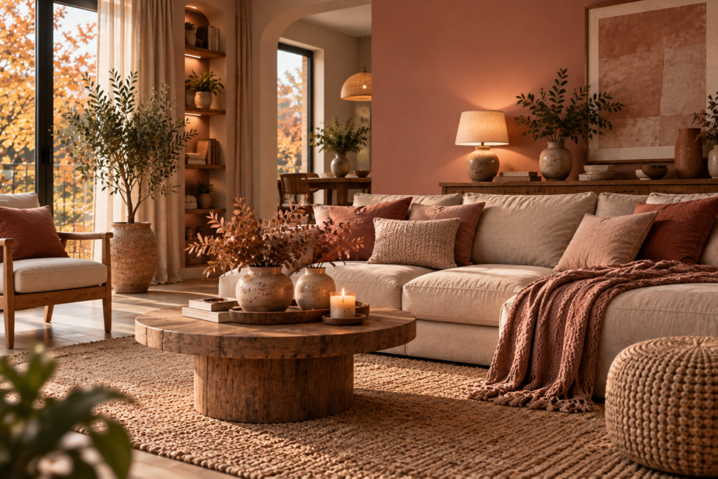 Salon chaleureux avec mur rose terre, matières naturelles et mobilier en bois, tendance automne 2027