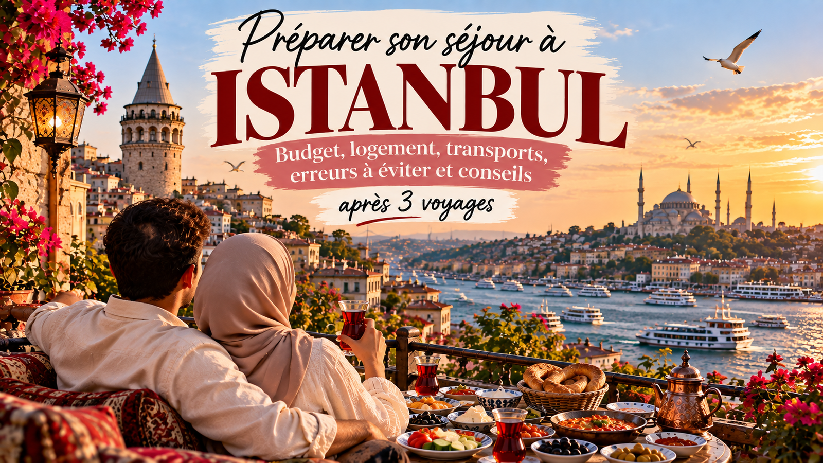 Vue sur le Bosphore à Istanbul depuis une terrasse avec petit-déjeuner turc